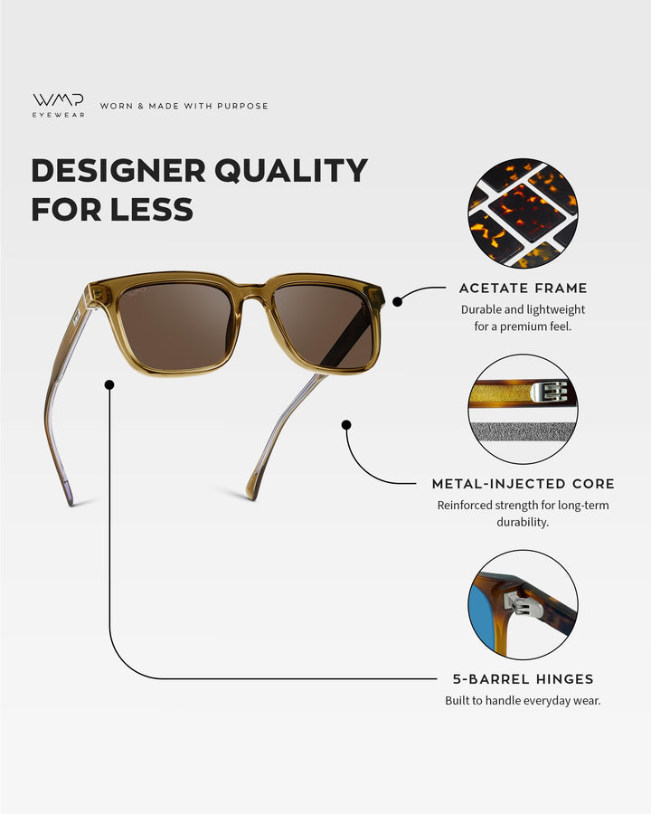 WearMe Pro WMP Eyewear - Men's Polarized Sunglasses: Bold Modern Square Design, Acetate Frame, UV Protection (Crystal Verde/Brown Lens)
