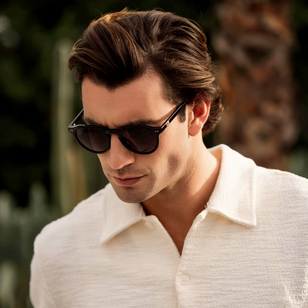 WearMe Pro WMP Eyewear - Men's Modern Geometric P-3 Round Retro Polarized Sunglasses, Lightweight Acetate Frame, Premium UV Protection (Black/Oak Brown Gradient Lens)