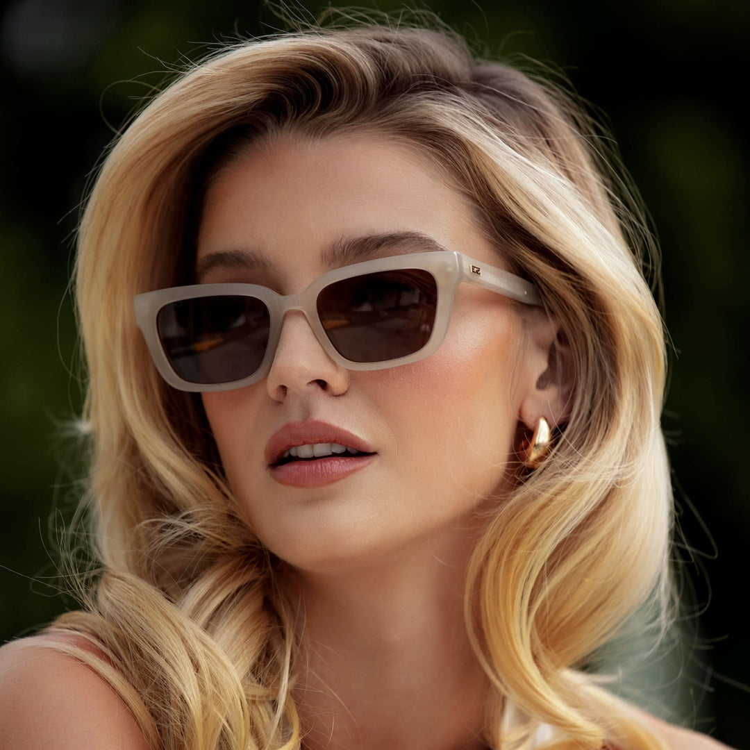WMP Eyewear - Women's Polarized Rectangular Sunglasses, Narrow Acetate Frame, Durable 5-Barrel Hinges, Hand-Polished Finish (Pearl Beige/Brown Lens)