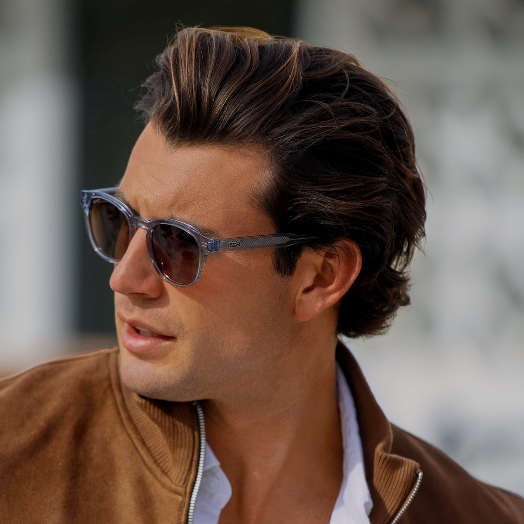 WearMe Pro WMP Eyewear - Men's Retro Round Oval Polarized Sunglasses, Lightweight Acetate Frame, UV Protection, Metal Core Design (Denim Blue/Brown Lens)