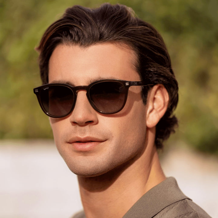 WearMe Pro WMP Eyewear - Men's Classic Round Polarized Sunglasses, Premium Slim Acetate Frame with Dashed Rivet Details (Burnt Cedar Brown/Oak Brown Gradient Lens)