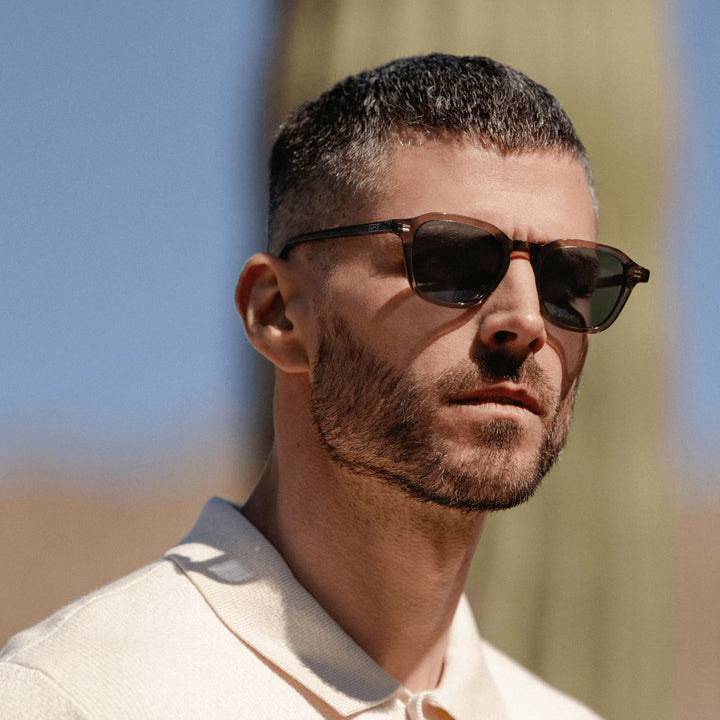 WearMe Pro WMP Eyewear - Men's Polarized Retro Sunglasses - Classic Geometric Square Style, Acetate Frame, Keyhole Bridge (Crystal Gunmetal/Laguna Blue Lens)