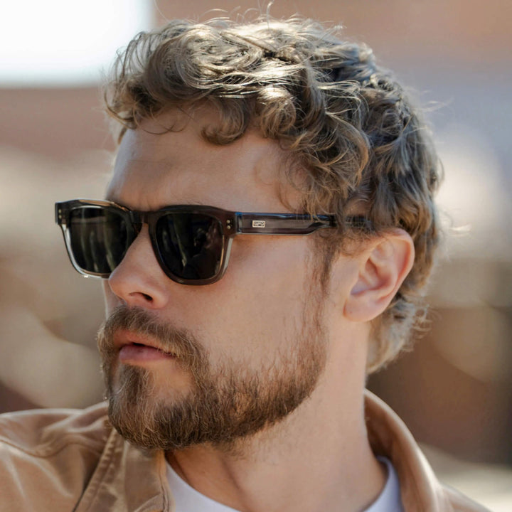 WearMe Pro WMP Eyewear – Men’s Polarized Rectangular Sunglasses: Thick Acetate Frame, Modern Style (Crystal Gunmetal/Dark Brown Lens)