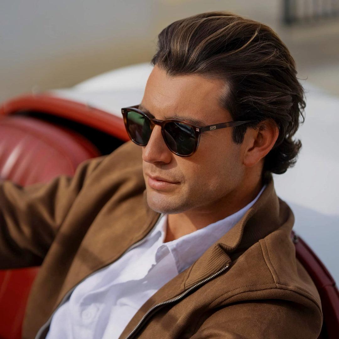 WearMe Pro WMP Eyewear - Men's Classic Round Polarized Sunglasses, Premium Slim Acetate Frame with Dashed Rivet Details (Havana Tortoise/Smoke Green Lens)