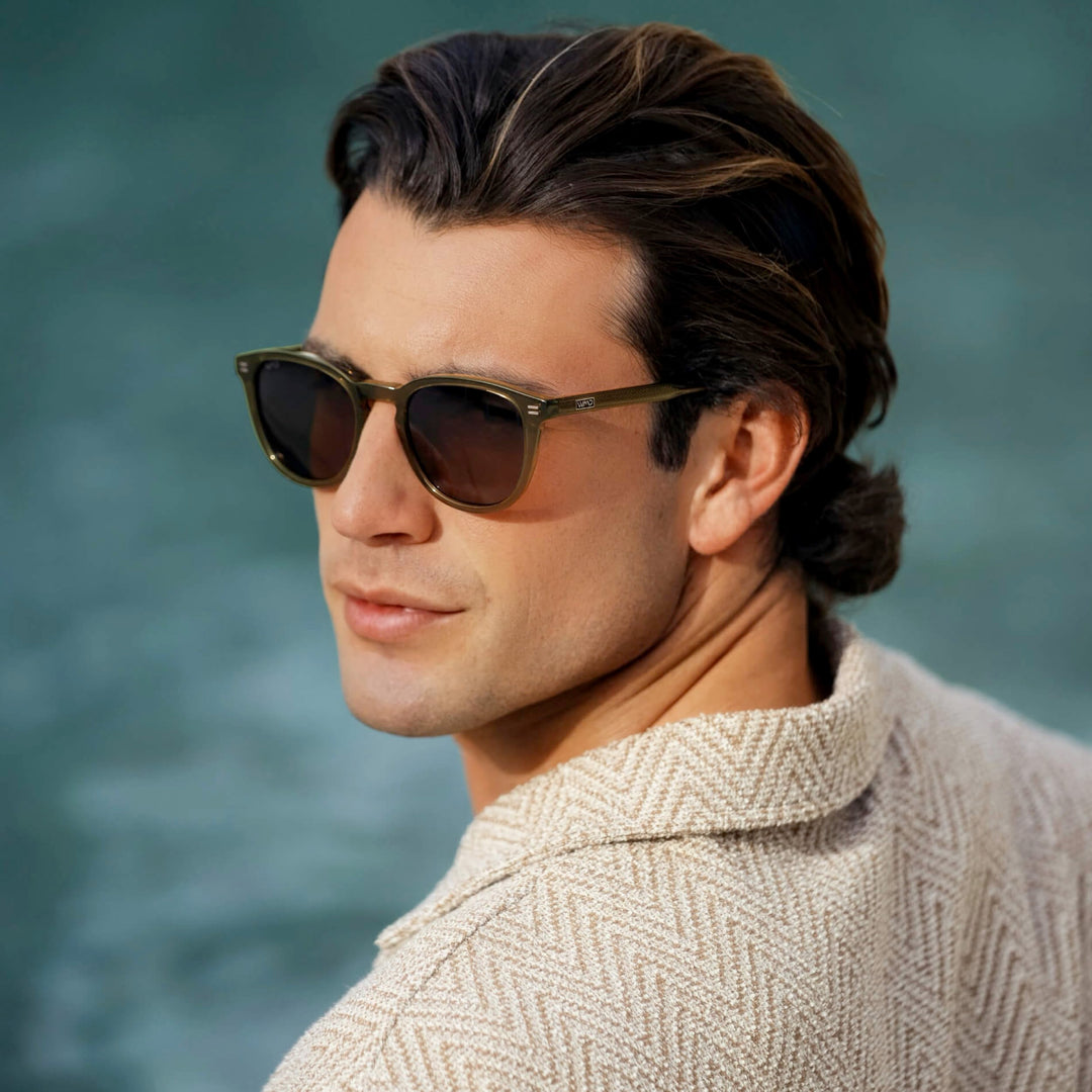 WearMe Pro WMP Eyewear - Men's Classic Round Polarized Sunglasses, Premium Slim Acetate Frame with Dashed Rivet Details (Dark Moss Green/Brown Lens)