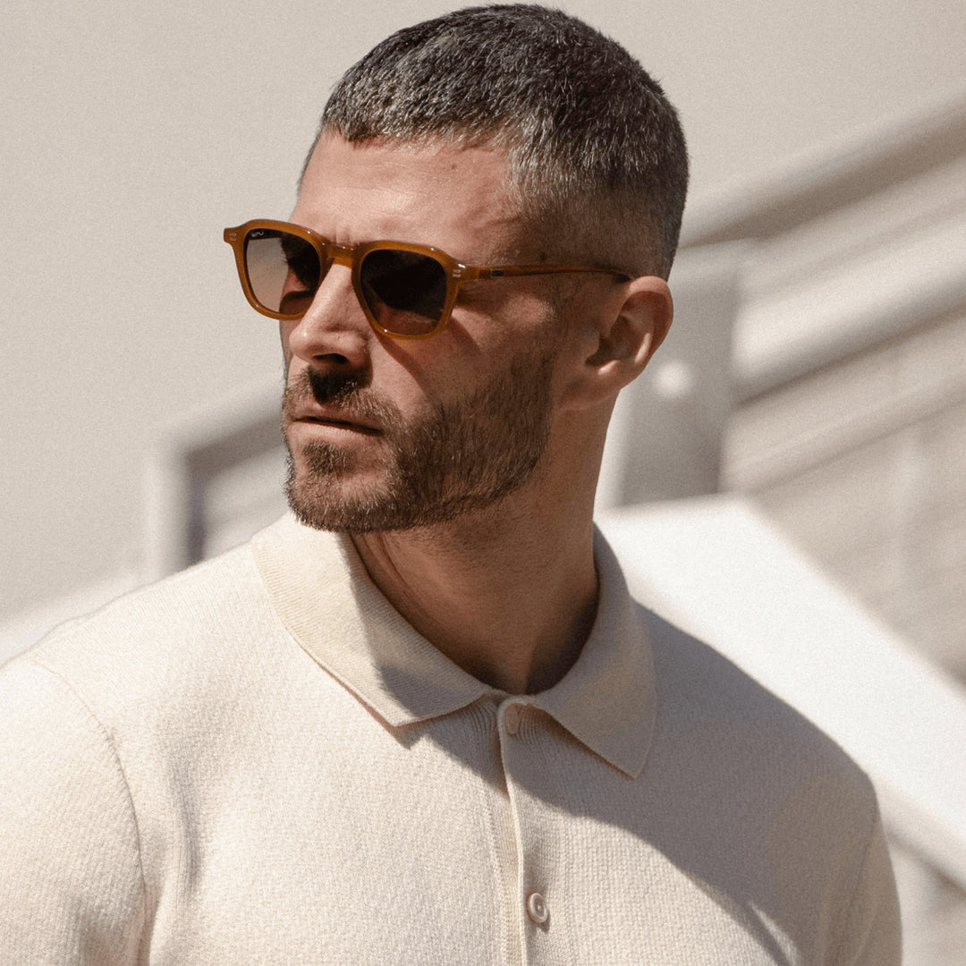 WearMe Pro WMP Eyewear - Men's Polarized Retro Sunglasses - Classic Geometric Square Style, Acetate Frame, Keyhole Bridge (Dune Brown/Grey Brown Gradient Lens)