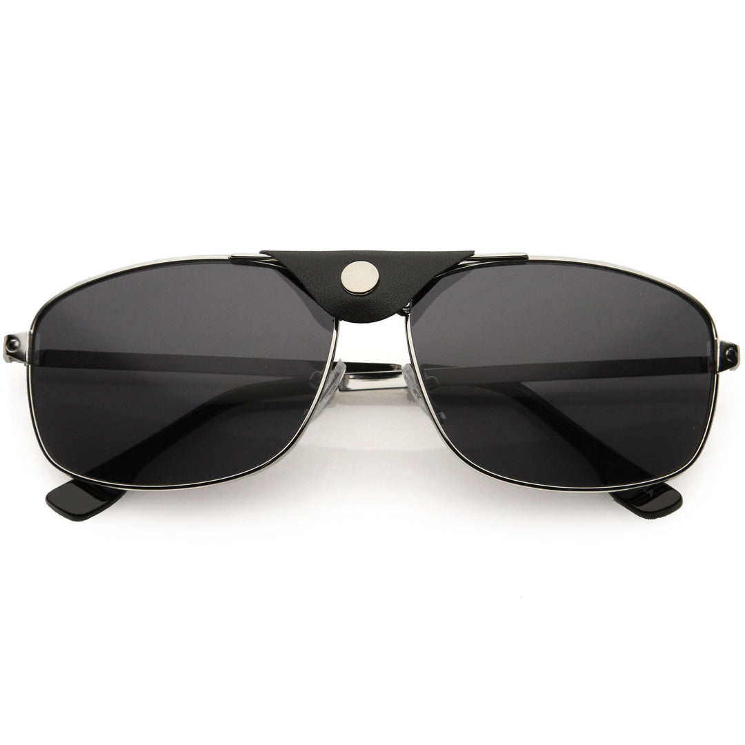 Button Snap Vegan Leather Strap Metal Crossbar Square Aviator Sunglasses D065