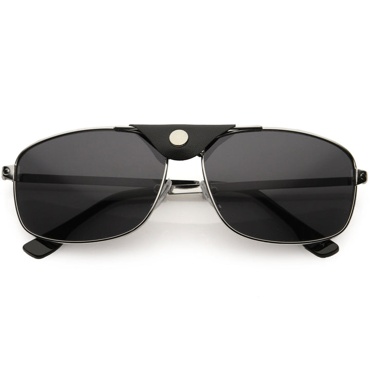 Button Snap Vegan Leather Strap Metal Crossbar Square Aviator Sunglasses D065