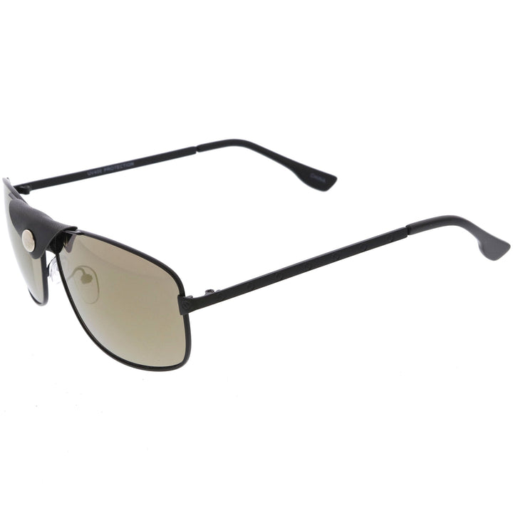Button Snap Vegan Leather Strap Metal Crossbar Square Aviator Sunglasses D065
