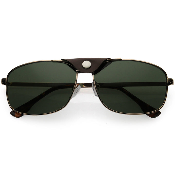 Button Snap Vegan Leather Strap Metal Crossbar Square Aviator Sunglasses D065