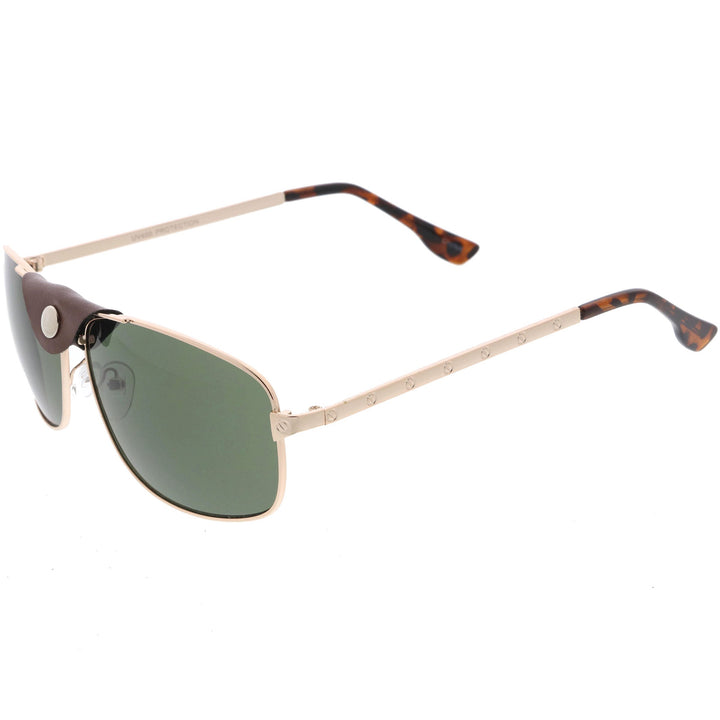 Button Snap Vegan Leather Strap Metal Crossbar Square Aviator Sunglasses D065