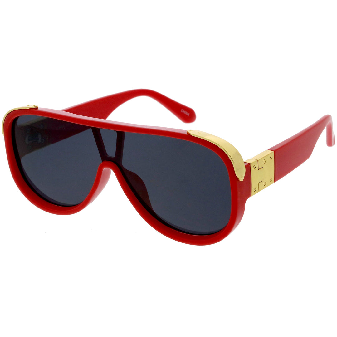 High Fashion Neutral Rounded Lens Flat Top Oversize Shield Sunglasses D101