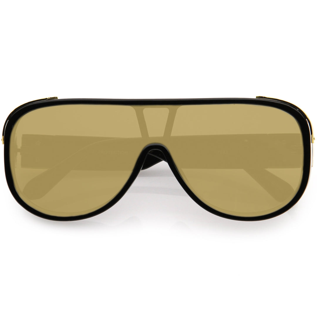 High Fashion Neutral Rounded Lens Flat Top Oversize Shield Sunglasses D101