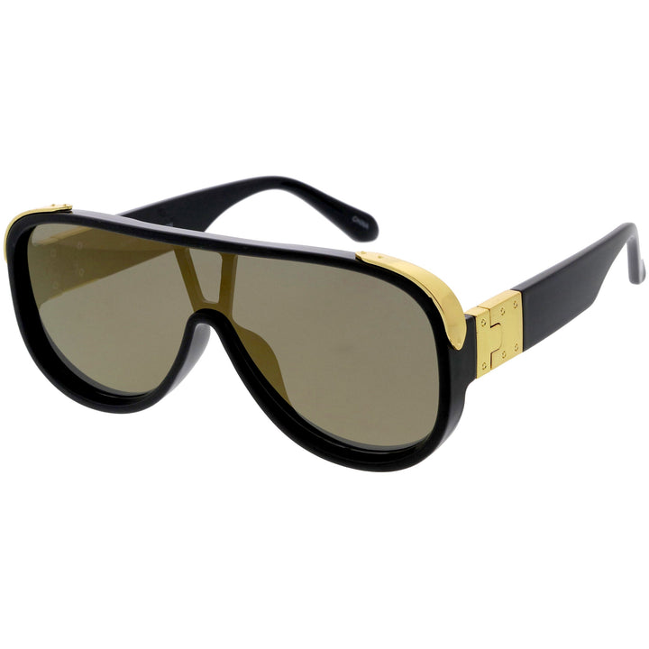 High Fashion Neutral Rounded Lens Flat Top Oversize Shield Sunglasses D101