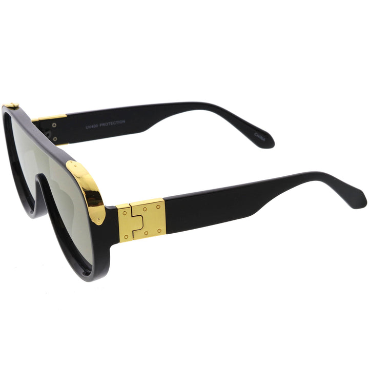 High Fashion Neutral Rounded Lens Flat Top Oversize Shield Sunglasses D101