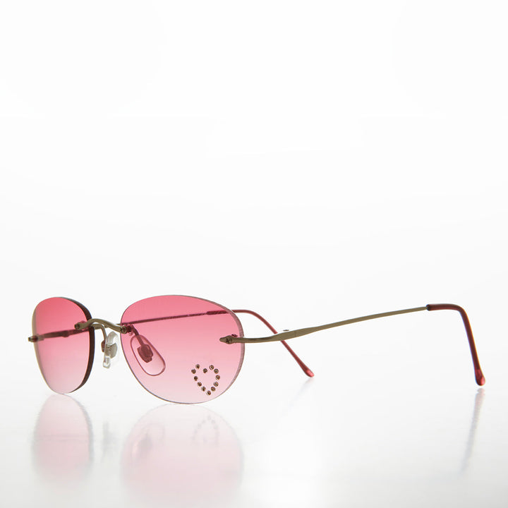Heart Rhinestone Rimless Vintage Sunglasses - Dunya