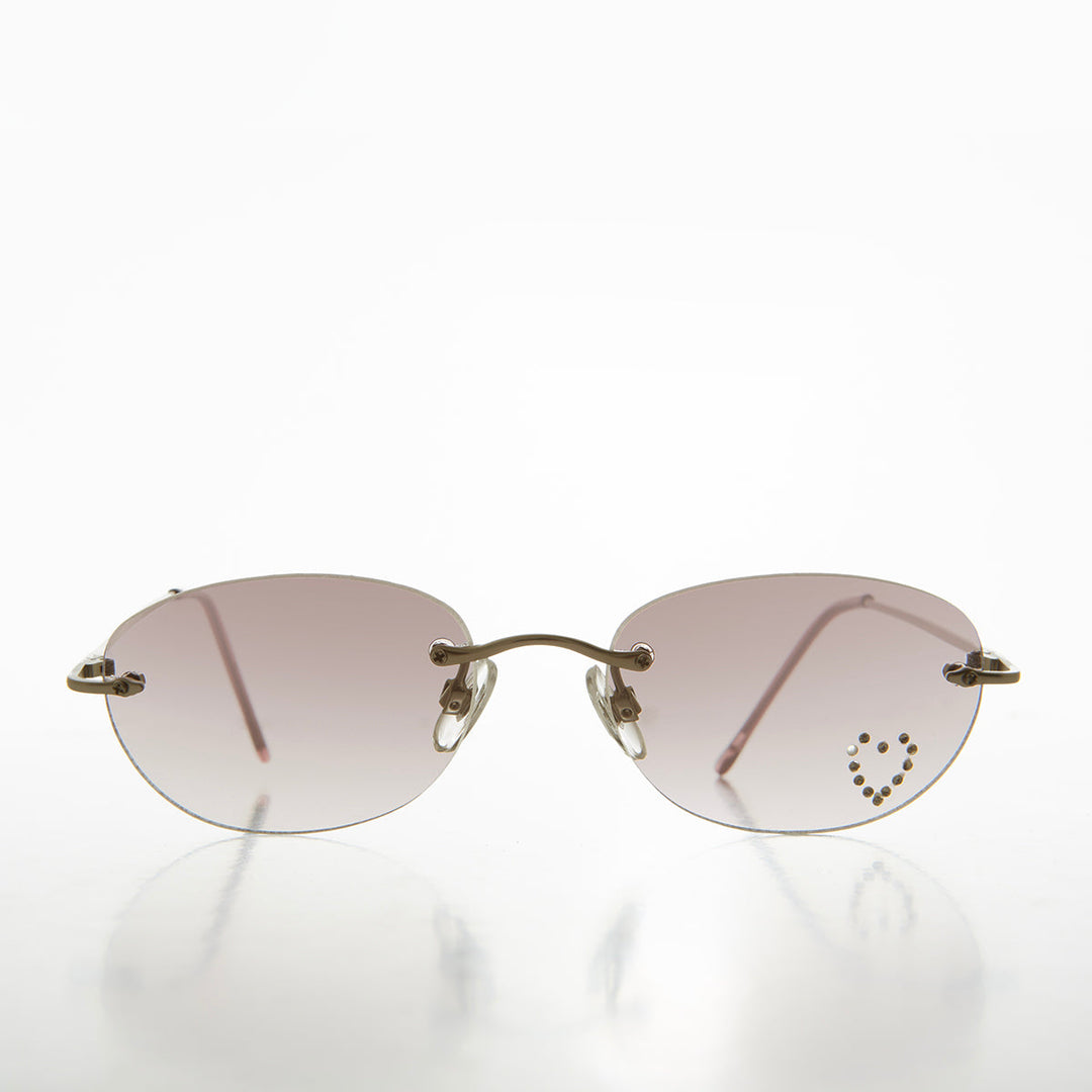 Heart Rhinestone Rimless Vintage Sunglasses - Dunya