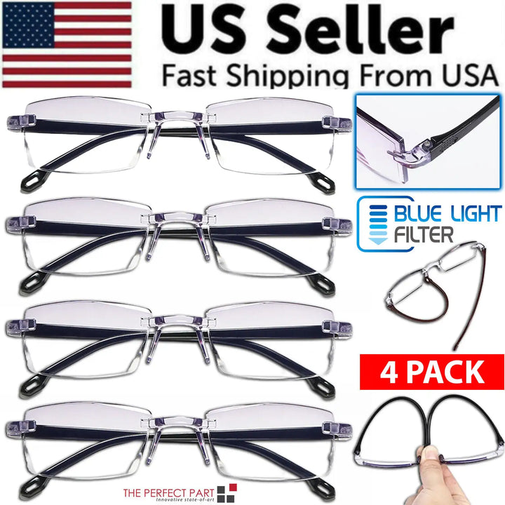 4-Pack Men's Rectangular Rimless Blue Light Blocking Reading Glasses