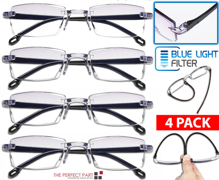 4-Pack Men's Rectangular Rimless Blue Light Blocking Reading Glasses