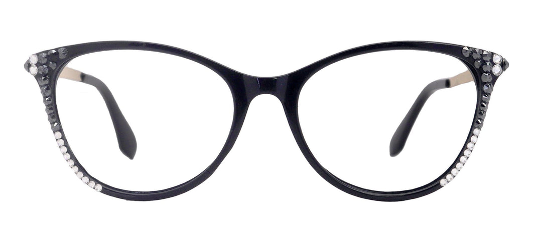 Cattitude Bling Reading Glasses 4 Women W Hematite N Clear Genuine European Crystals, 1.00 to 4.00 Magnifying Cat Eye  NY Fifth Avenue