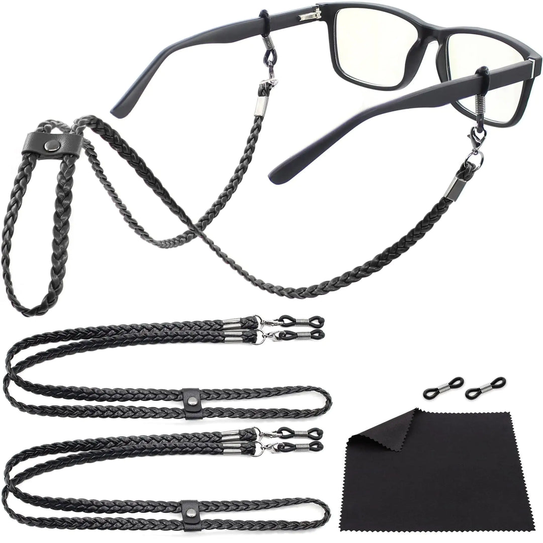 Eye Glass String Strap Holder Premium ECO Leather - 2 Cords Black 30 inch Length