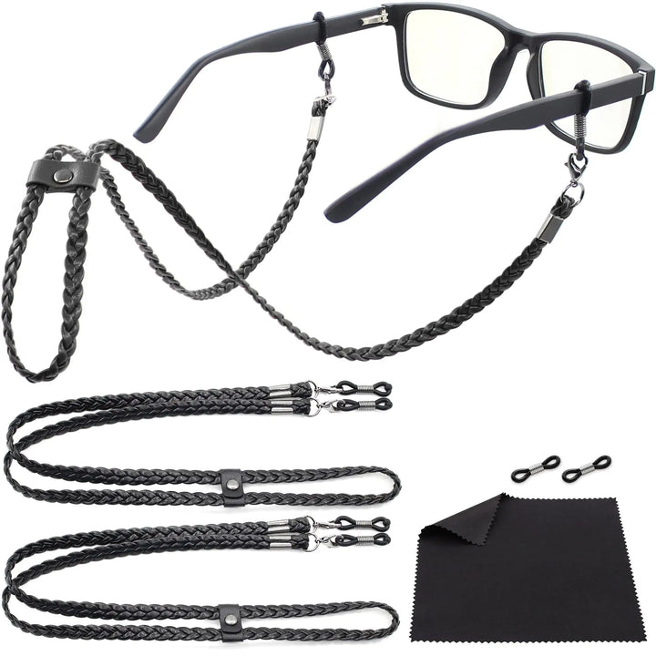 Eye Glass String Strap Holder Premium ECO Leather - 2 Cords Black 30 inch Length