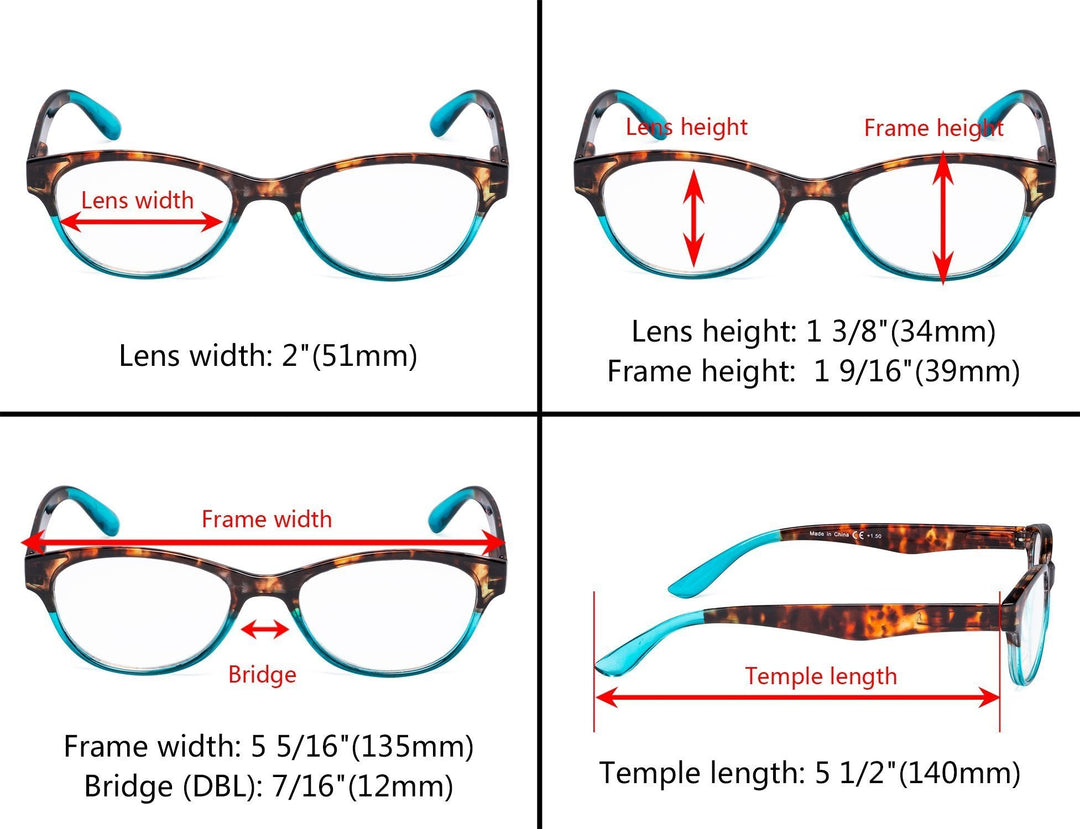 Paquete de 3 gafas de lectura ovaladas con brazo de tortuga R074D