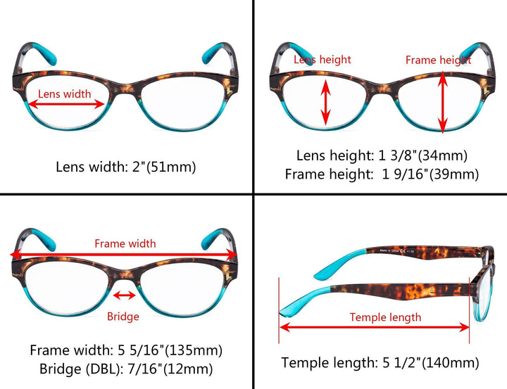 Paquete de 3 gafas de lectura ovaladas con brazo de tortuga R074D